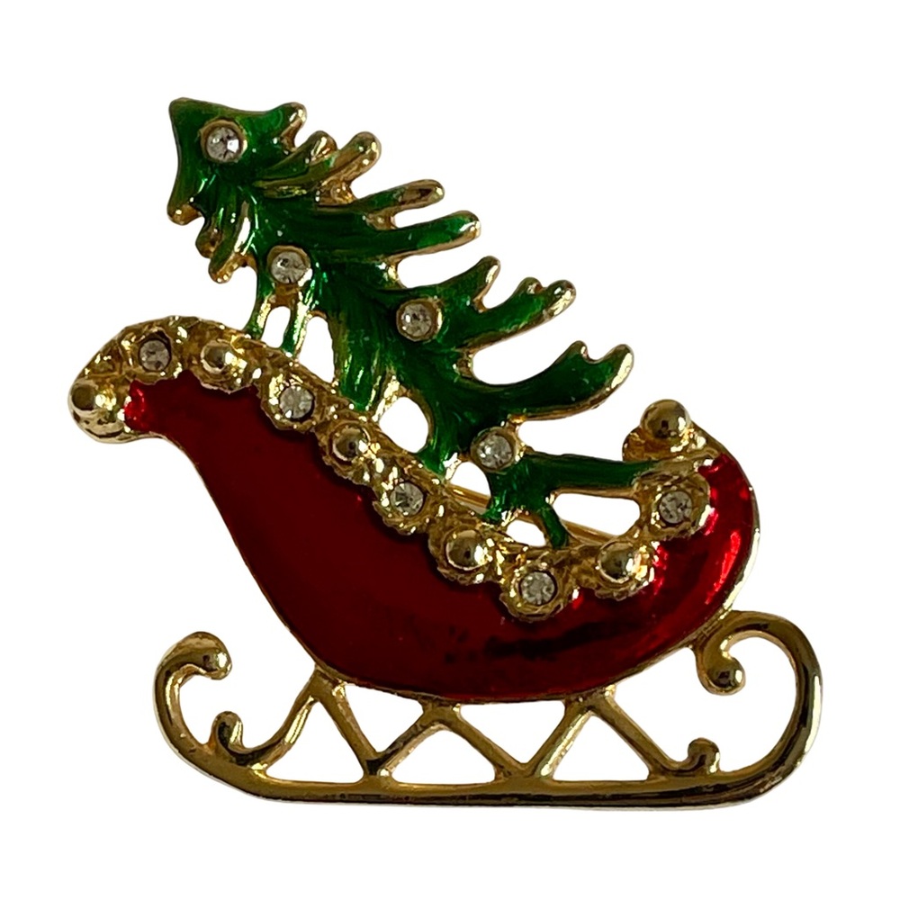 Vintage Mid-Century Red Sleigh With Christmas Tree Brooch - Picture 2 of 3
